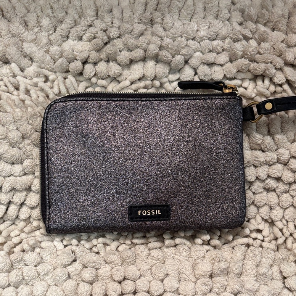 Fossil Gunmetal Glitter Zip Wristlet with Black Trim